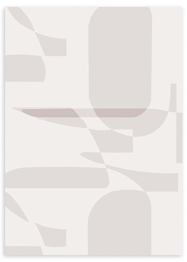 Cuadro de formas geométricas suaves superpuestas en beige, arena y gris claro, con composición abstracta equilibrada y estilo geométrico. Disponible en kudeko.com