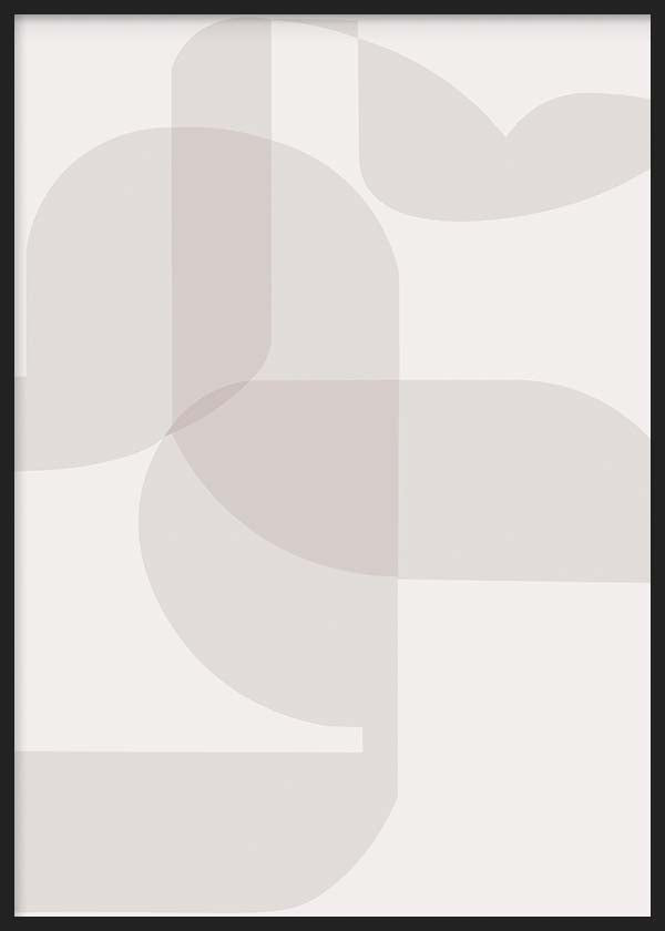 Cuadro con formas geométricas superpuestas en beige, gris claro, arena y marfil, con curvas suaves y composición equilibrada de estilo geométrico. Disponible en kudeko.com