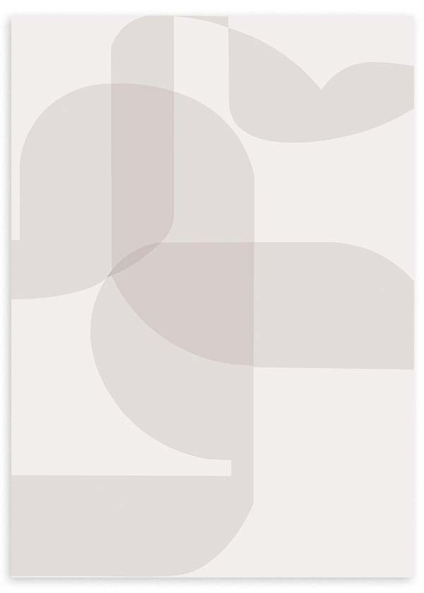 Cuadro con formas geométricas superpuestas en beige, gris claro, arena y marfil, con curvas suaves y composición equilibrada de estilo geométrico. Disponible en kudeko.com