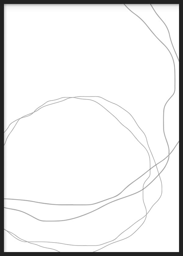 Quadro com linhas orgânicas finas em cinzento sobre fundo branco, formas fluidas sobrepostas e estilo abstrato minimalista contemporâneo. Disponível em kudeko.com