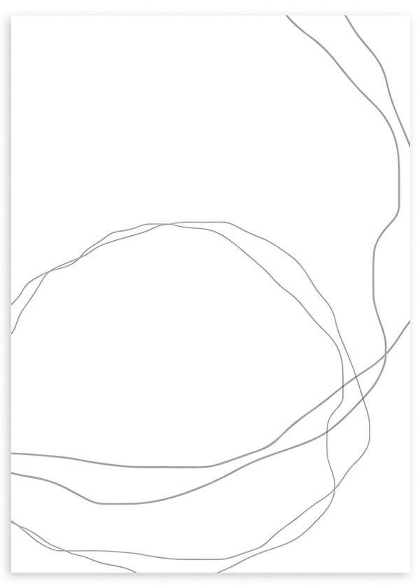 Cuadro con líneas orgánicas finas en color gris sobre fondo blanco, composición abstracta de formas fluidas y estilo minimalista. Disponible en kudeko.com