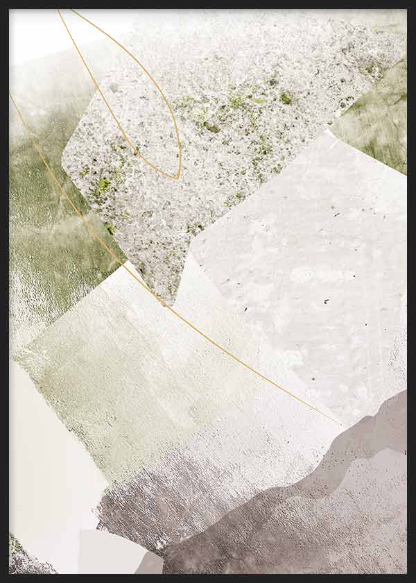 Cuadro con composición abstracta de formas superpuestas en blanco roto, beige, gris topo y verde oliva, con líneas doradas finas y textura suave, de estilo abstracto. Disponible en kudeko.com