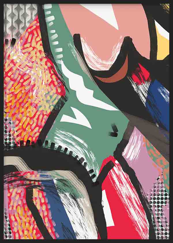 Cuadro con composición abstracta de formas orgánicas en verde salvia, coral, rojo, azul, lila, blanco y negro, con contrastes intensos y estilo abstracto. Disponible en kudeko.com