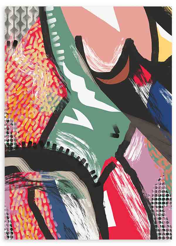 Quadro emoldurado com composição abstrata de formas orgânicas em verde sálvia, coral, vermelho, azul, lilás, branco e preto, de estilo contemporâneo. Disponível em kudeko.com