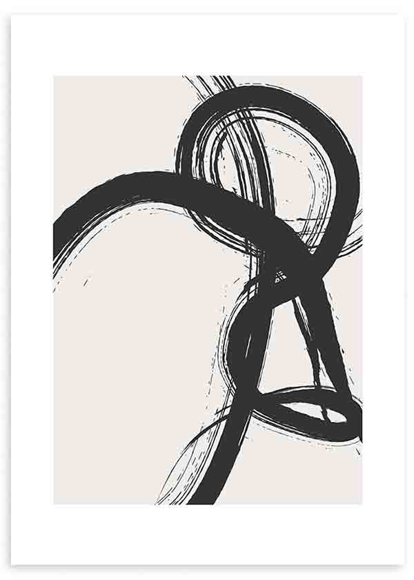 Tableau avec formes abstraites, lignes noires courbes sur fond beige clair, contraste marqué et style contemporain épuré. Disponible sur kudeko.com