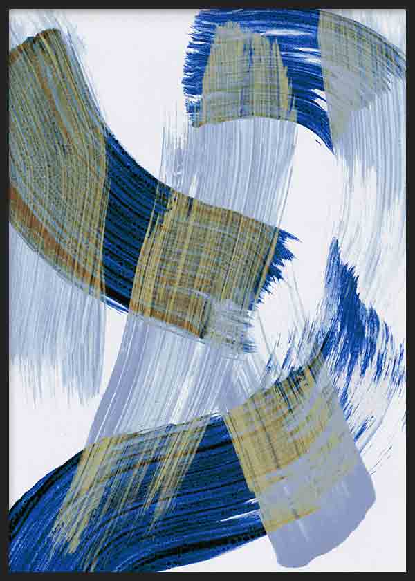 Quadro emoldurado com composição abstrata de traços curvos sobrepostos em azul, bege oliva e cinzento claro sobre fundo branco, num estilo abstrato contemporâneo. Disponível em kudeko.com