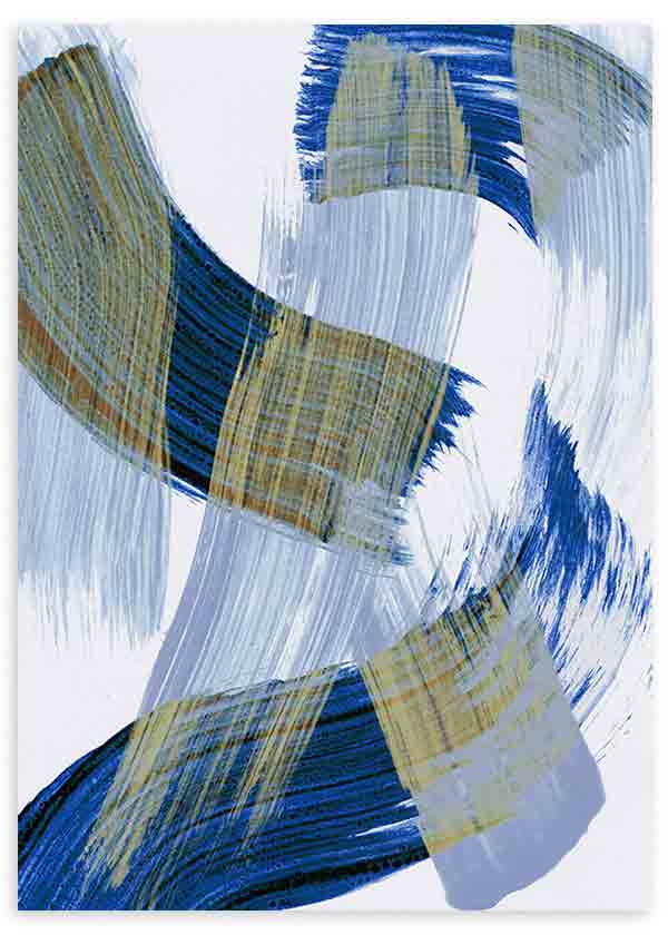 Cuadro con composición abstracta de trazos curvos superpuestos en azul intenso, beige oliva y gris claro sobre fondo blanco, de estilo abstracto. Disponible en kudeko.com