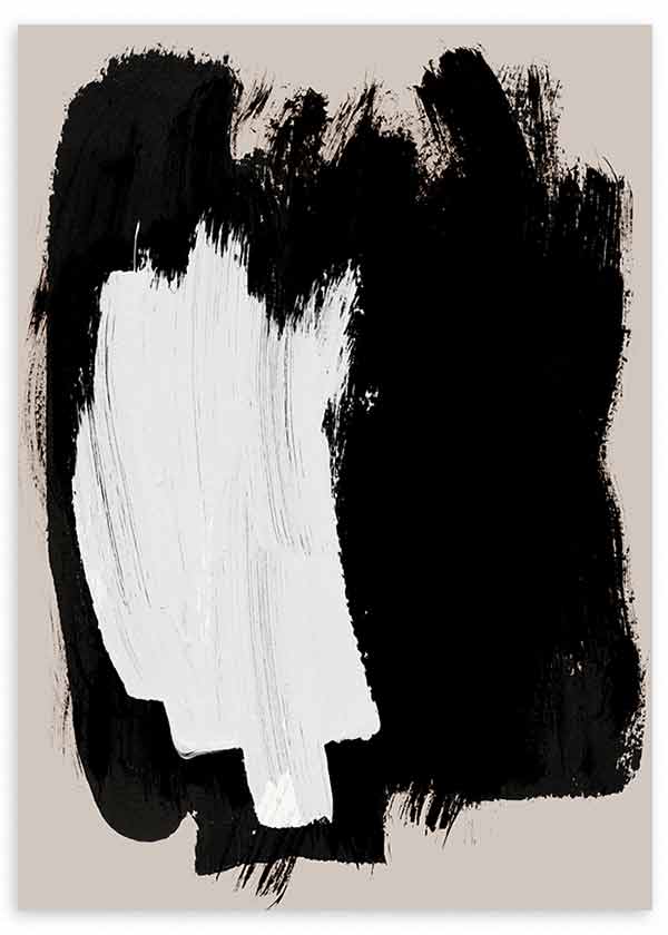 Cuadro con composición abstracta en negro, blanco y beige, con formas irregulares de gran contraste y presencia visual elegante, de estilo abstracto. Disponible en kudeko.com