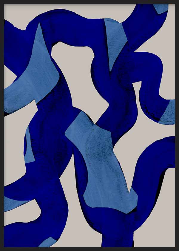Cuadro con formas orgánicas abstractas en azul cobalto y azul claro sobre fondo beige, composición de alto contraste y estilo abstracto. Disponible en kudeko.com