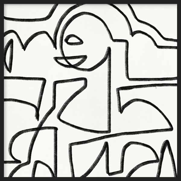 Cuadro cuadrado con composición abstracta de líneas negras gruesas, formas orgánicas irregulares y fondo blanco de estilo abstracto. Disponible en kudeko.com