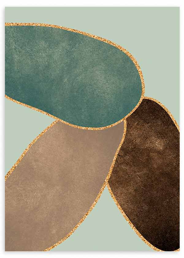Cuadro de formas orgánicas abstractas en verde azulado, beige y marrón oscuro con contornos dorados sobre fondo suave, de estilo abstracto. Disponible en kudeko.com