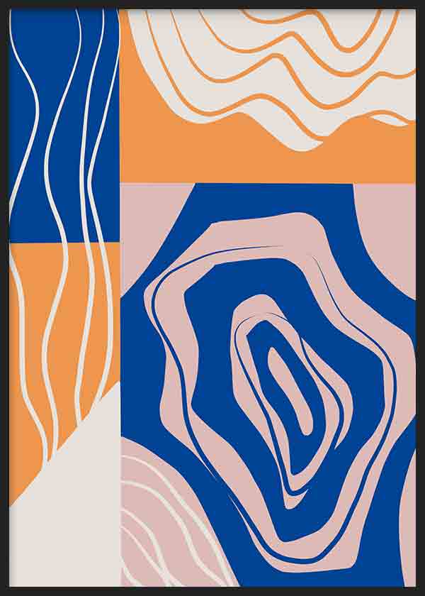 Tableau encadré avec composition abstraite de formes organiques, blocs courbes et lignes ondulées en bleu, orange, rose poudré et blanc cassé, dans un style contemporain. Disponible sur kudeko.com
