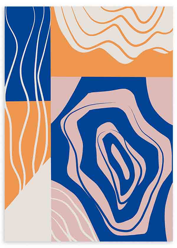 Quadro emoldurado com composição abstrata de formas orgânicas, blocos curvos e linhas onduladas em azul, laranja, rosa poudré e branco quebrado, em estilo abstrato contemporâneo. Disponível em kudeko.com