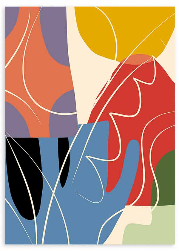Wandbild mit organischen abstrakten Formen, weißen Wellenlinien, Farben in Rot, Blau, Senfgelb, Lila, Schwarz und Olivgrün, im zeitgenössischen abstrakten Stil. Erhältlich auf kudeko.com