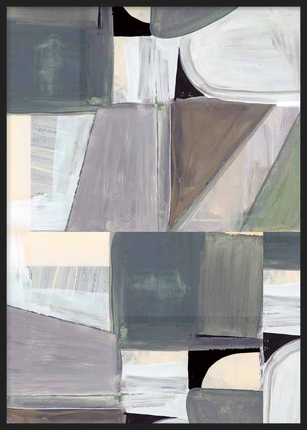 Quadro com composição abstrata de blocos irregulares, triângulos e curvas em cinzento, bege, branco sujo, verde acinzentado e preto, num estilo abstrato contemporâneo. Disponível em kudeko.com