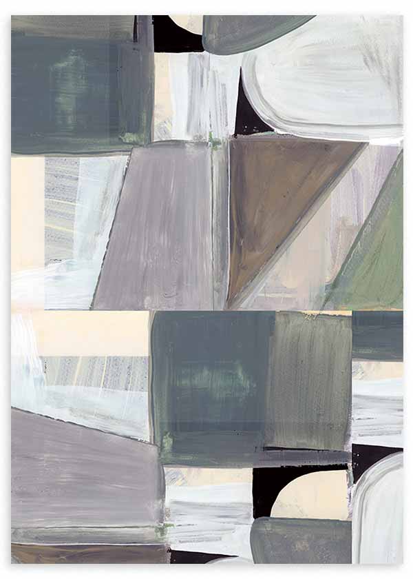 Cuadro con composición abstracta de bloques irregulares, triángulos y curvas en gris, beige, blanco roto, verde grisáceo y negro, de estilo abstracto. Disponible en kudeko.com