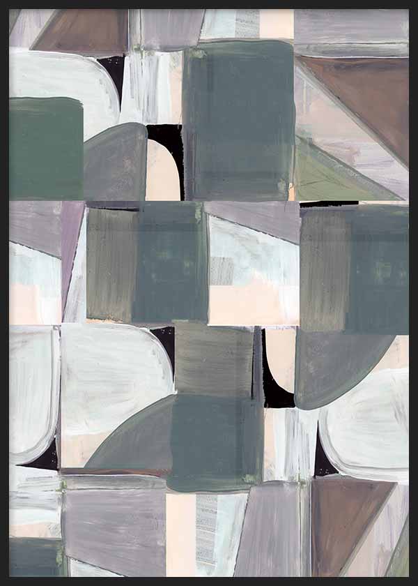 Tableau avec composition abstraite de formes géométriques douces et blocs superposés en gris bleuté, beige, blanc cassé, taupe et noir, dans un style abstrait contemporain. Disponible sur kudeko.com