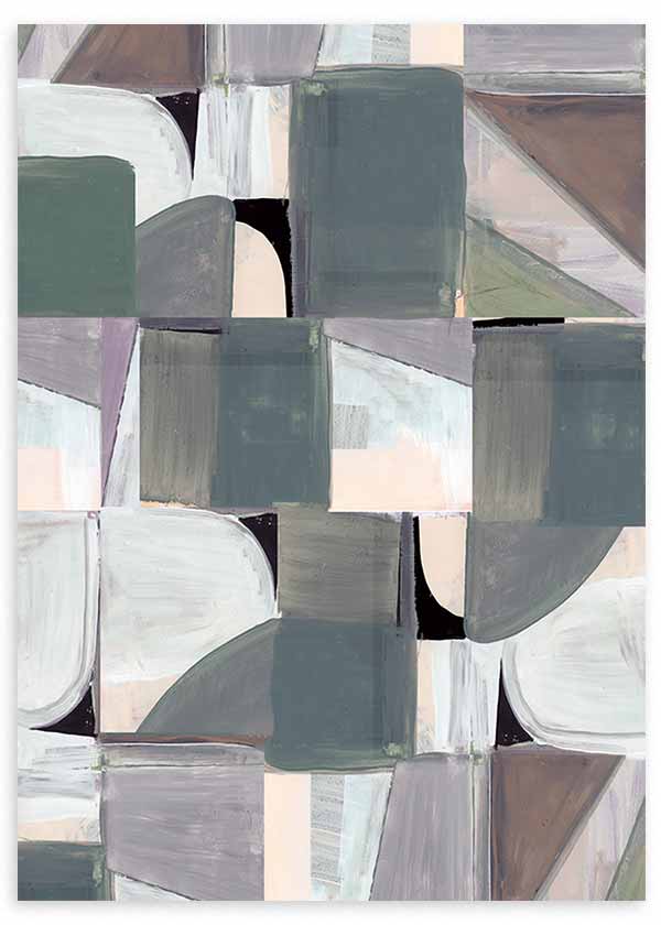 Quadro com composição abstrata de formas geométricas suaves e blocos sobrepostos em cinza azulado, bege, branco pérola, taupe e preto, num estilo abstrato contemporâneo. Disponível em kudeko.com