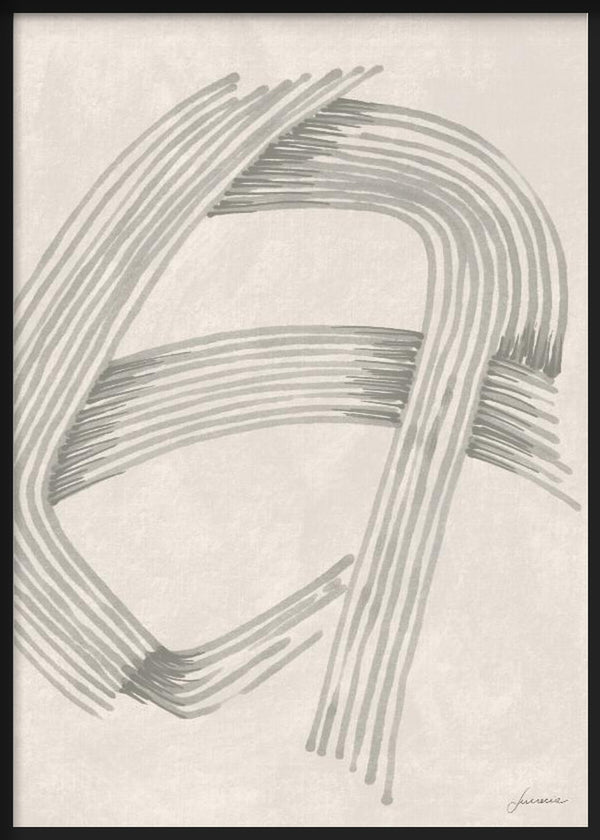 Cuadro con trazos curvos entrecruzados en tonos gris y beige, composición abstracta de líneas amplias sobre fondo claro y estética serena. Disponible en kudeko.com