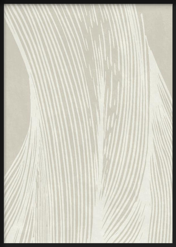 Tableau encadré avec lignes abstraites ondulées blanches sur fond beige sable, composition fluide, organique, style abstrait aux tons neutres. Disponible sur kudeko.com