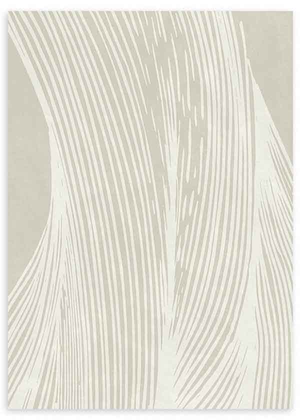 Tableau encadré avec lignes abstraites ondulées blanches sur fond beige sable, composition fluide, organique, style abstrait aux tons neutres. Disponible sur kudeko.com