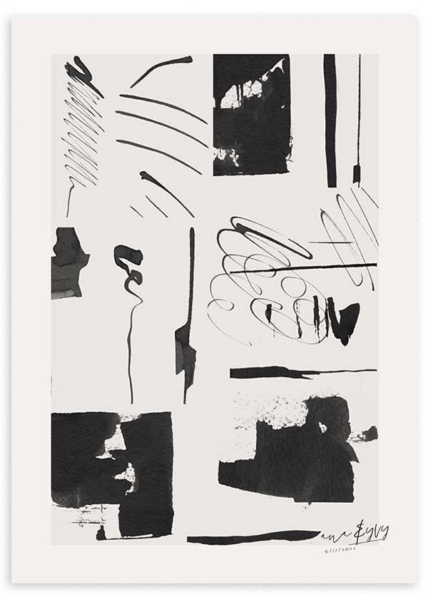 Cuadro con composición abstracta en blanco, negro y gris, con líneas curvas, manchas oscuras, bloques irregulares y grafismos sueltos de estilo abstracto. Disponible en kudeko.com
