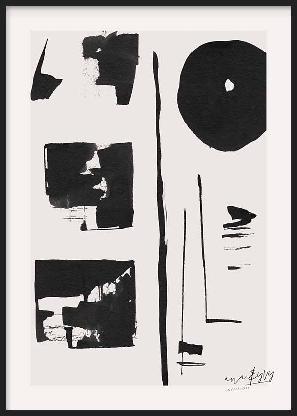 Cuadro abstracto con trazos en negro sobre fondo beige y blanco roto. Una obra cargada de movimiento y texturas.