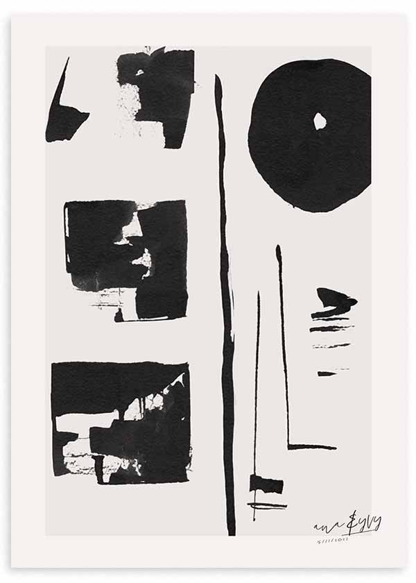 Cuadro con composición abstracta en blanco y negro, con formas irregulares, líneas verticales finas y un gran círculo negro sobre fondo claro, de estilo abstracto. Disponible en kudeko.com