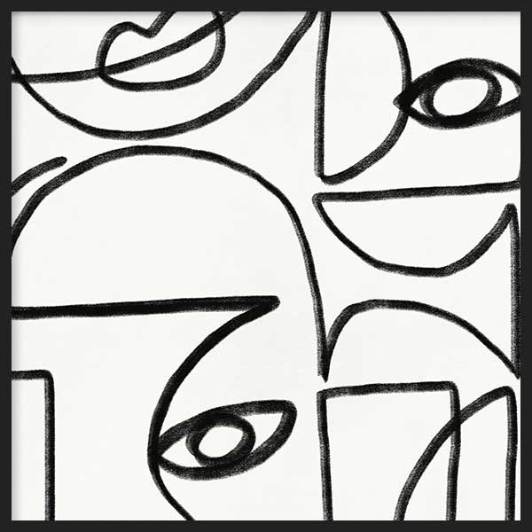 Quadratisches Wandbild mit abstrakten Gesichtern aus dicken schwarzen Linien, Augen, Profilen und Kurven auf weißem Hintergrund im abstrakten Stil. Erhältlich auf kudeko.com