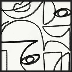 Quadro quadrado com rostos abstratos em linhas pretas espessas, olhos, perfis e curvas sobre fundo branco, num estilo abstrato contemporâneo. Disponível em kudeko.com