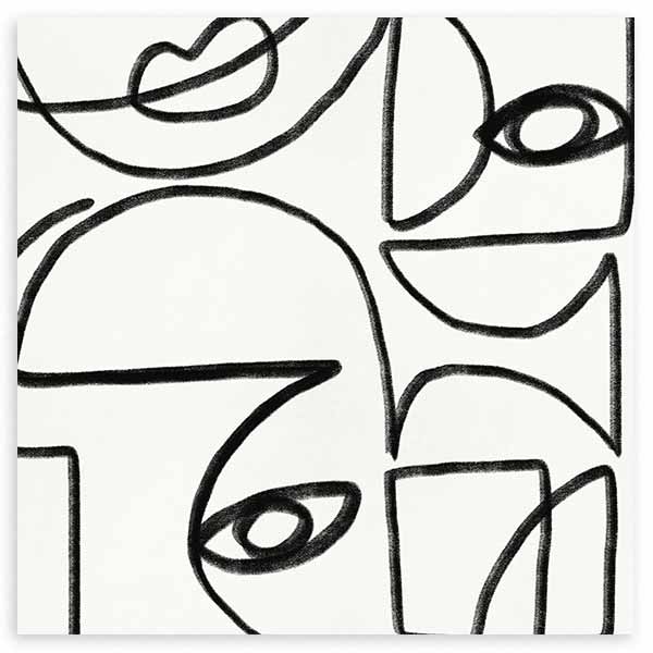Cuadro cuadrado con rostros abstractos de líneas negras gruesas, ojos y perfiles sobre fondo blanco, de estilo abstracto. Disponible en kudeko.com