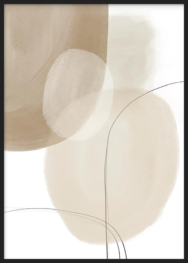Gerahmtes Wandbild mit abstrakten ovalen Formen in Beige, Creme und Weiß, feinen schwarzen Schwunglinien und weicher Komposition im modernen Stil. Erhältlich auf kudeko.com