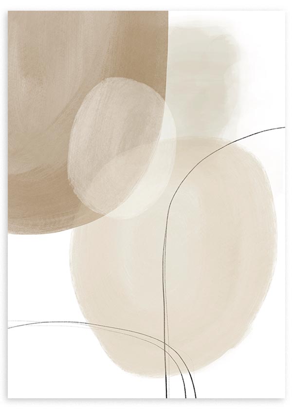 Gerahmtes Wandbild mit abstrakten ovalen Formen in Beige, Creme und Weiß, feinen schwarzen Schwunglinien und weicher Komposition im modernen Stil. Erhältlich auf kudeko.com