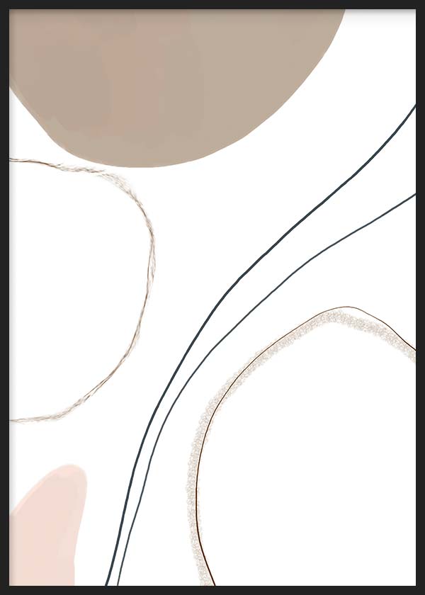 Tableau aux formes organiques abstraites avec lignes courbes noires, fond blanc, tons beige et rose poudré, dans un style minimaliste et contemporain. Disponible sur kudeko.com