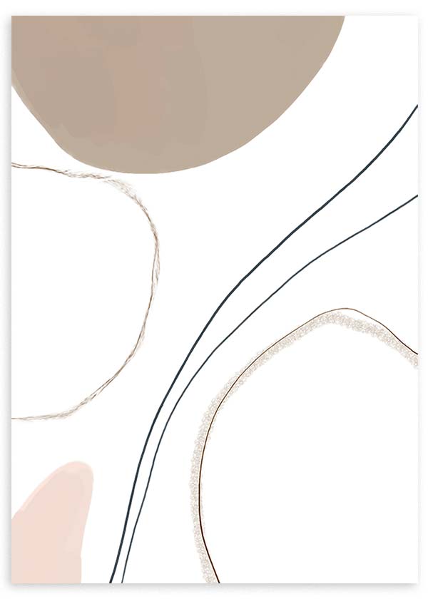 Wandbild mit abstrakten organischen Formen, schwarzen geschwungenen Linien, weißem Hintergrund sowie Beige- und Rosétönen im minimalistischen, zeitgenössischen Stil. Erhältlich auf kudeko.com