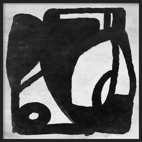 Cuadro cuadrado con formas abstractas negras, curvas amplias, líneas gruesas y fondo blanco texturizado, de estilo abstracto. Disponible en kudeko.com