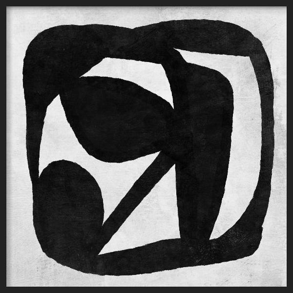 Cuadro cuadrado con formas orgánicas negras de gran contraste sobre fondo blanco roto, composición abstracta de líneas curvas y bloques irregulares, de estilo abstracto. Disponible en kudeko.com