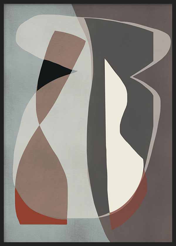 Cuadro de formas abstractas orgánicas superpuestas en gris, beige, topo, negro y terracota suave, con composición equilibrada de estilo abstracto. Disponible en kudeko.com