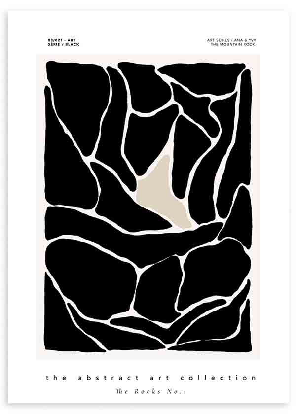 Cuadro minimalista con ilustración de rocas abstractas en negro. Una obra abstracta y moderna