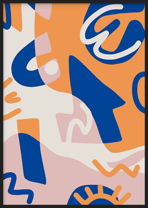 Cuadro con formas abstractas orgánicas y geométricas en azul intenso, naranja, rosa suave y blanco, de estilo abstracto. Disponible en kudeko.com