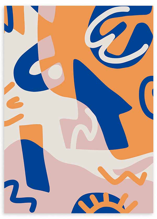 Quadro emoldurado com formas abstratas orgânicas e geométricas em azul, laranja, rosa suave e branco sujo, num estilo contemporâneo com curvas, blocos e elementos gráficos. Disponível em kudeko.com
