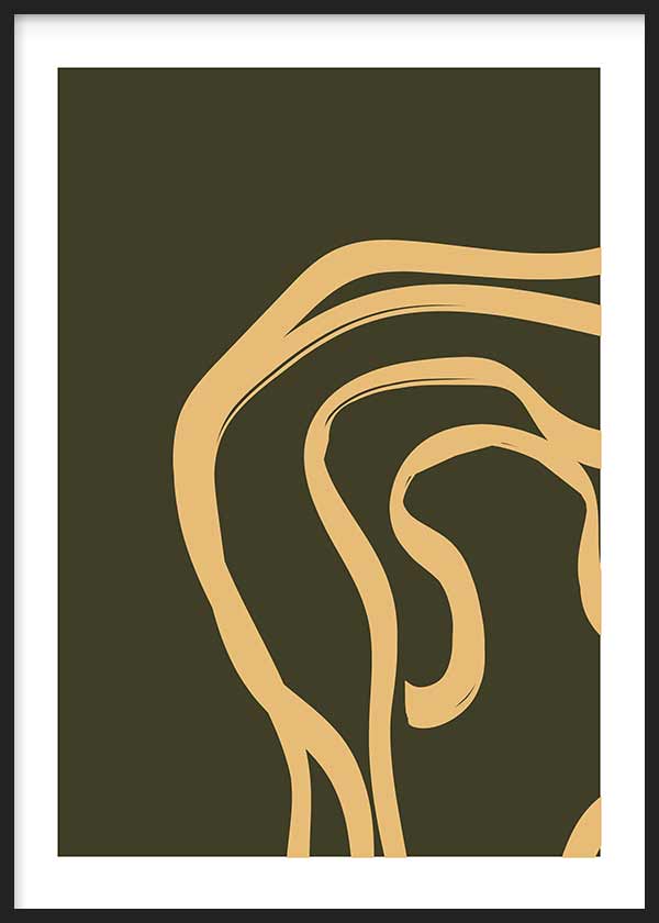 Cuadro con formas abstractas sinuosas en beige sobre fondo verde oliva oscuro, líneas orgánicas amplias y composición serena de estilo abstracto. Disponible en kudeko.com