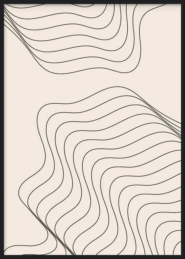 Cuadro con formas sinuosas de líneas negras onduladas sobre fondo beige claro, composición abstracta de estilo minimalista. Disponible en kudeko.com