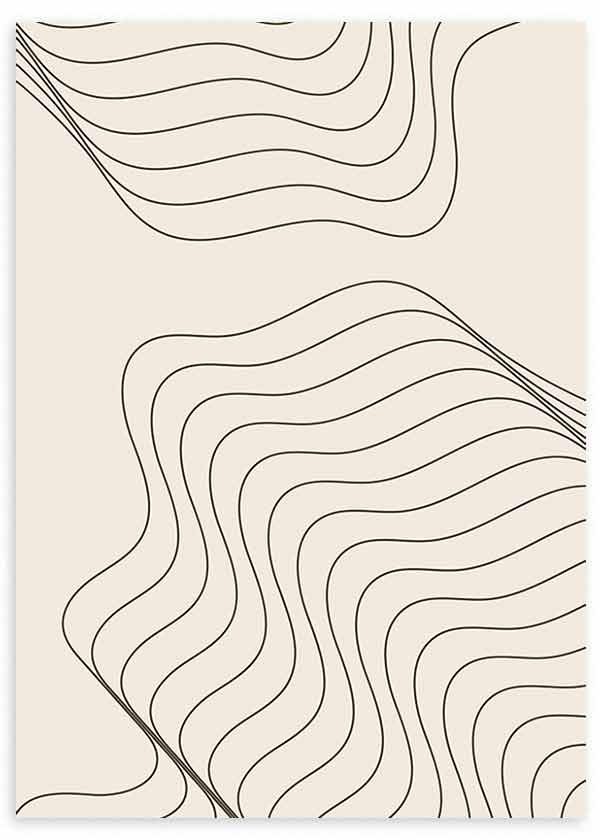 Cuadro con formas sinuosas de líneas negras onduladas sobre fondo beige claro, composición abstracta de estilo minimalista. Disponible en kudeko.com