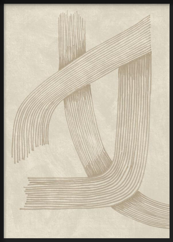 Cuadro de líneas curvas entrelazadas en beige grisáceo sobre fondo crema texturizado, con composición abstracta serena y elegante. Disponible en kudeko.com