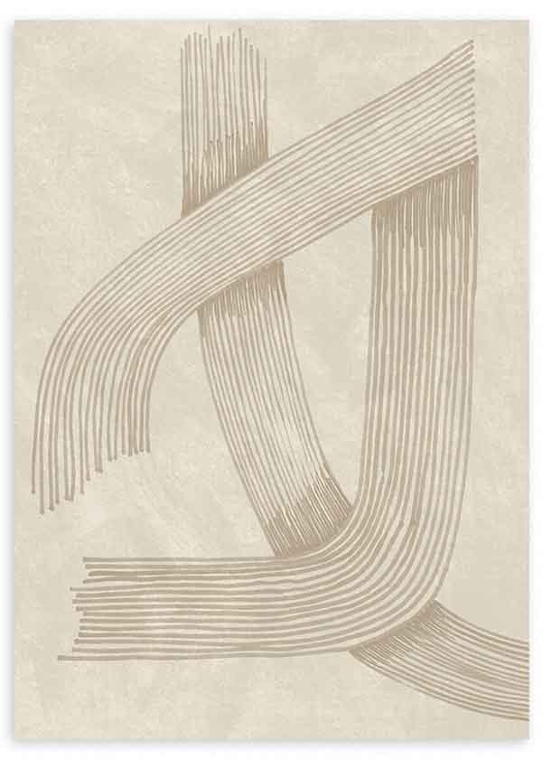 Cuadro de líneas curvas entrelazadas en beige grisáceo sobre fondo crema texturizado, con composición abstracta serena y elegante. Disponible en kudeko.com