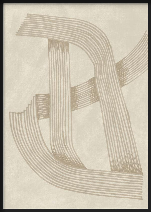 Cuadro con líneas curvas entrelazadas en tonos beige, arena y gris topo sobre fondo claro, de estilo abstracto sereno y sofisticado. Disponible en kudeko.com