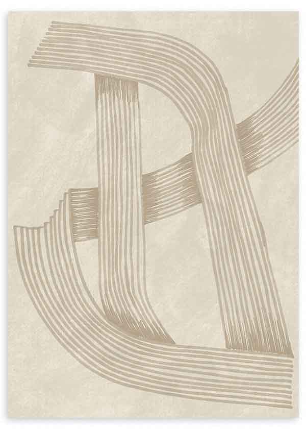 Quadro com linhas curvas e paralelas entrelaçadas em tons de bege, areia e cinzento taupe sobre fundo claro texturado, num estilo abstrato equilibrado e depurado. Disponível em kudeko.com