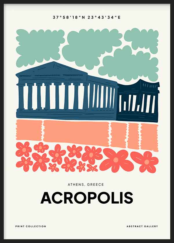 Quadro emoldurado da Acrópole de Atenas com templo azul, nuvens verdes, blocos coral e flores vermelhas, em composição gráfica de estilo ilustração sobre fundo claro. Disponível em kudeko.com