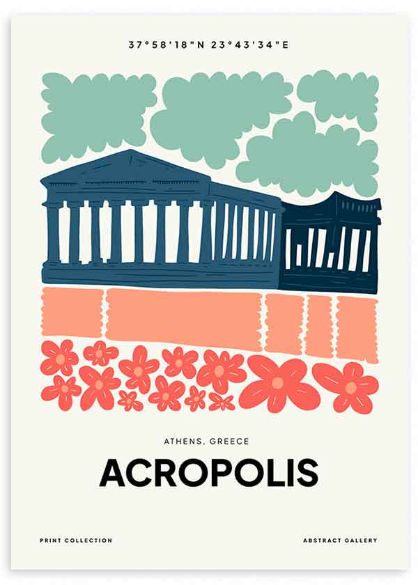 Tableau encadré de l’Acropole d’Athènes avec temple bleu, nuages verts, blocs corail et fleurs rouges, dans un style illustration graphique sur fond clair. Disponible sur kudeko.com